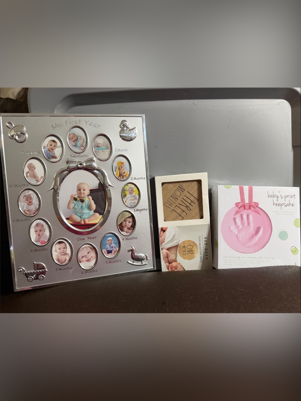 Rae Dunn Silver Multi-Photo Baby Frame with Pink Keepsake Kit